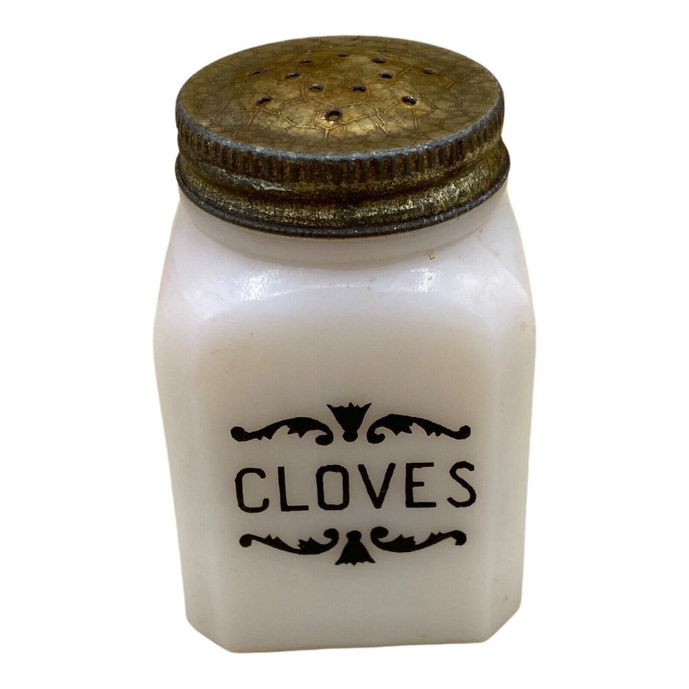 Vintage Cloves FRANK TEA & SPICE CO Dove Brand White Milk Glass 2 Oz